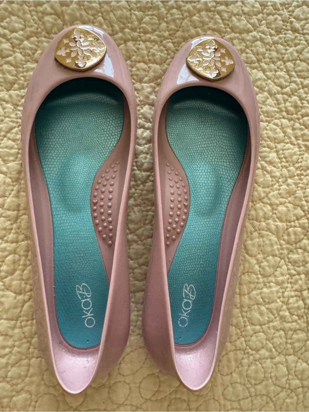 OKA b. Pink Patent Ballet Flats with Gold Medallions